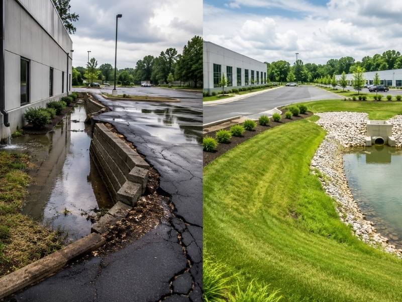 Split image showing poor commercial drainage with standing water and cracked pavement compared to a well-maintained stormwater pond and effective drainage system