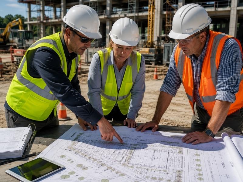 Construction management team reviewing site plans during a preconstruction meeting to coordinate scheduling, site preparation, and project execution before groundbreaking.