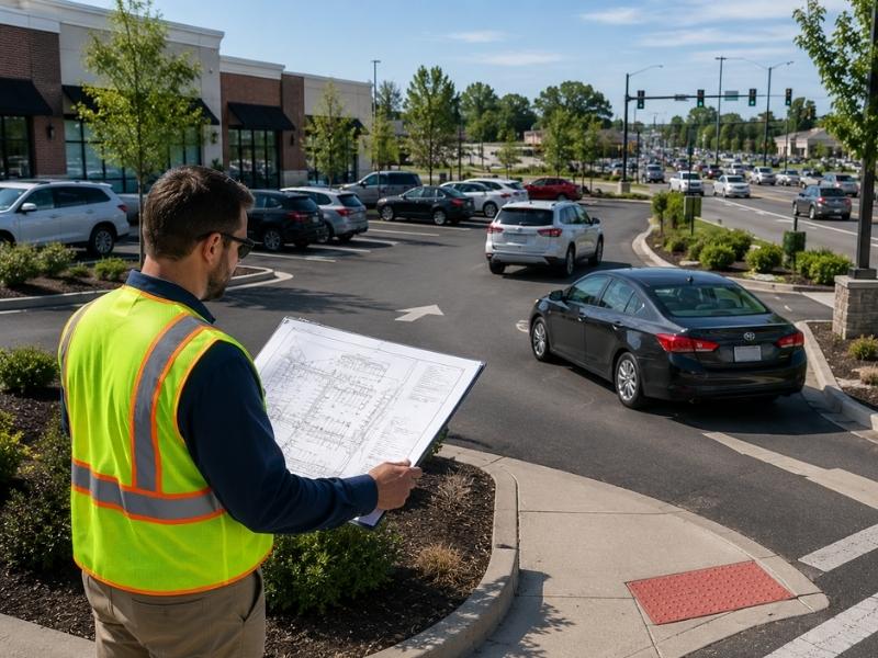 Traffic engineer reviewing plans for a commercial parking lot expansion while evaluating vehicle circulation and driveway access near a busy intersection.
