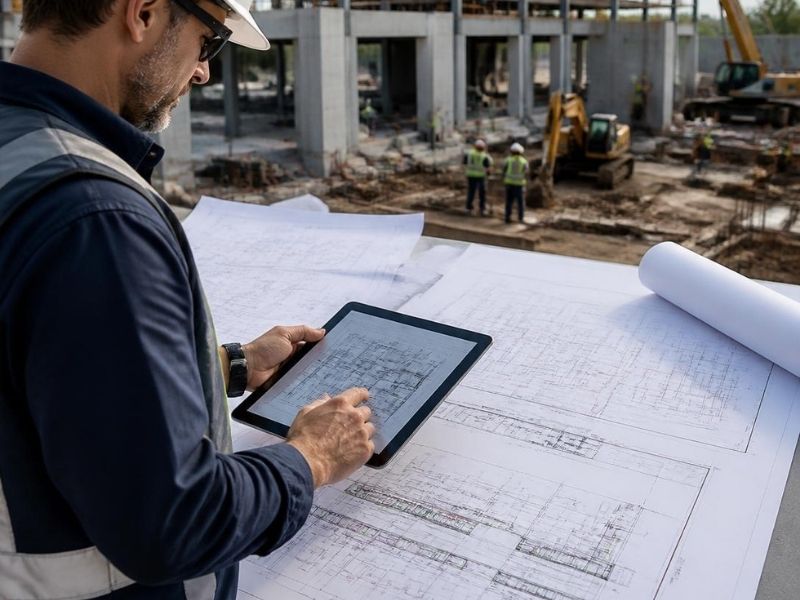 Contractor reviewing detailed construction plans on a tablet at a Charlotte construction site.