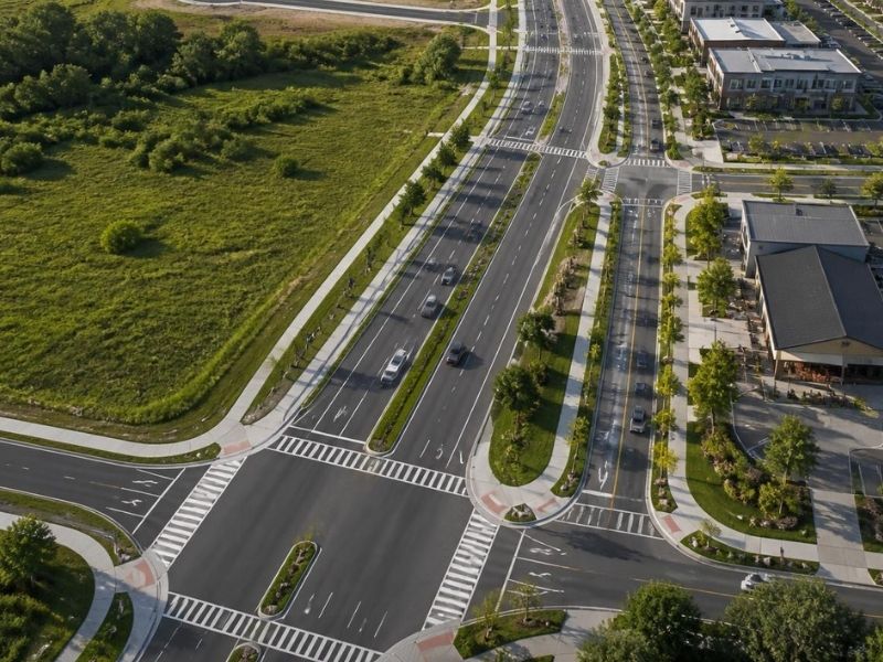 Aerial view of undeveloped land beside a divided roadway and commercial buildings in Charlotte, NC.