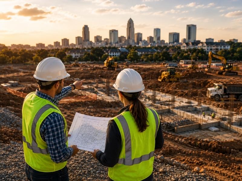 Civil engineers reviewing a proposed land development site during an early feasibility study in Charlotte, NC. 