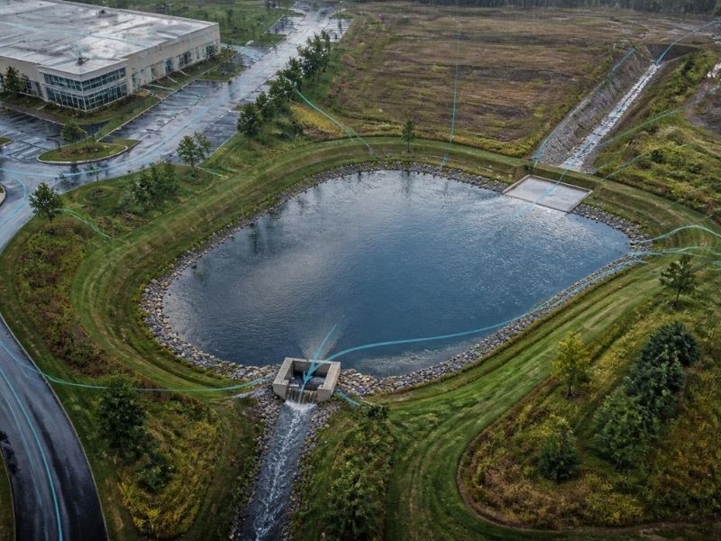 Aerial view of a detention pond collecting stormwater runoff beside a commercial development.