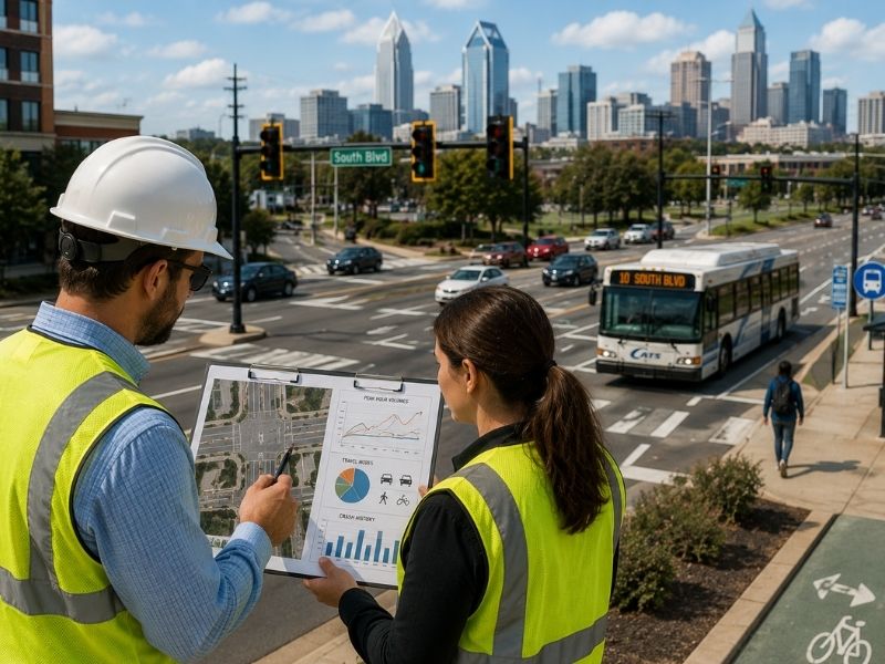 Transportation engineers evaluating traffic operations, roadway access, and multimodal transportation at a busy intersection in Charlotte, NC.