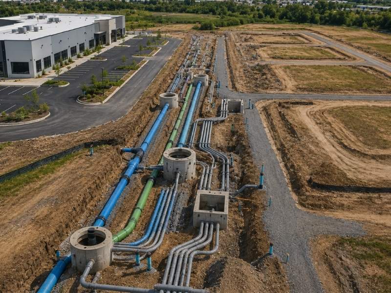 Underground utility infrastructure installation at a commercial development site in Charlotte, NC, designed to support future expansion with water, sewer, and electrical services.