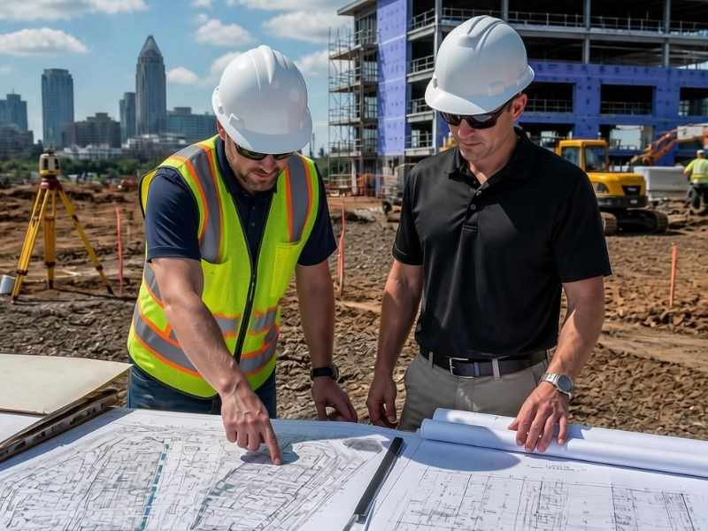 Civil engineer and architect reviewing site and building plans together before permit submission for a commercial development in Charlotte, NC.