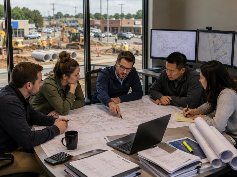  Why municipal engineering reviews take longer than many developers expect showing multiple reviewers examining coordinated plans and infrastructure details
