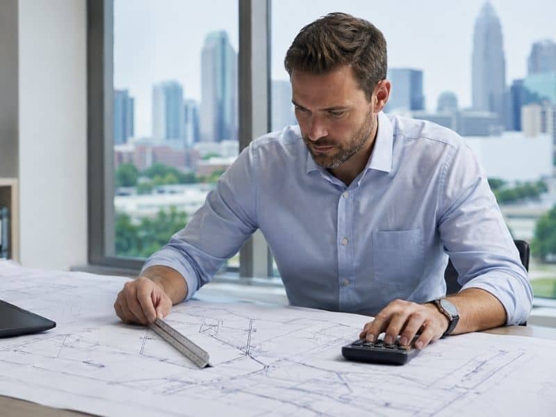 Civil engineer reviewing wastewater capacity plans for a commercial development in Charlotte, NC