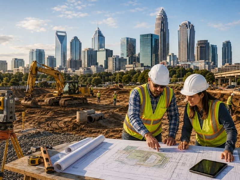 Civil engineers reviewing commercial site plans at a Charlotte, NC construction site to reduce change orders through early project coordination.