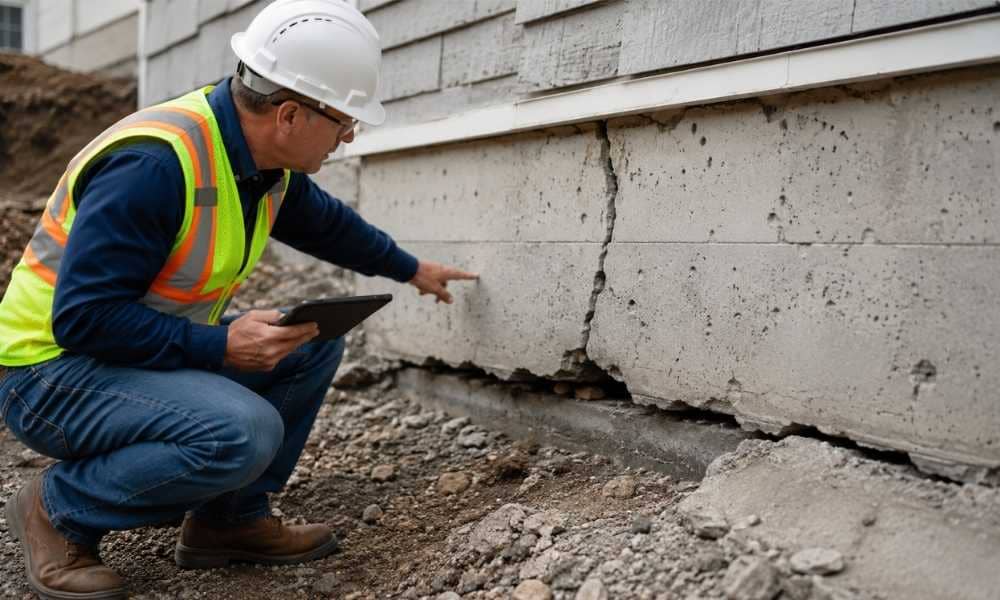 Engineering expert witness inspecting structural damage during a construction failure investigation