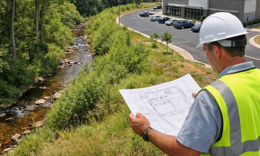 Civil engineer reviewing site design beside a protected stream buffer at a commercial property in Mecklenburg County, North Carolina