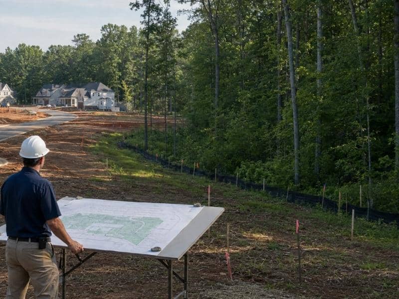 Civil engineer reviewing a subdivision design beside a preserved tree area in Charlotte, NC